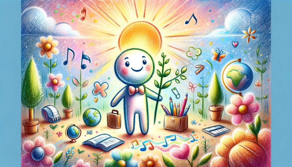 カラフルなクレヨンで描かれた棒人間キャラクターが、学びと成長の象徴（本、地球儀、楽器）に囲まれている。背景には柔らかい色合いの花や木、輝く太陽が描かれ、子どもの不思議と探究心を表している。