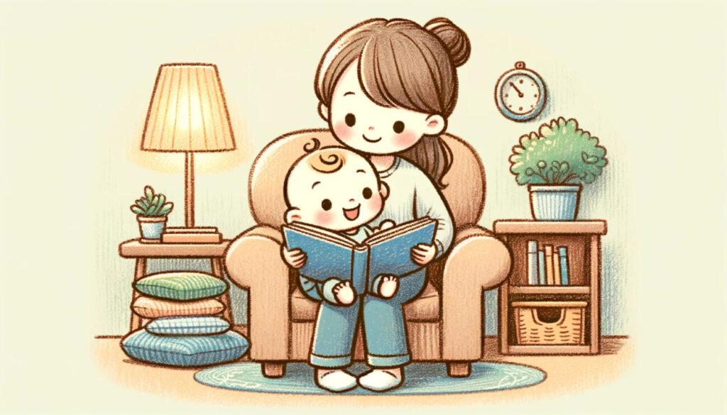 棒人間の赤ちゃんがお母さんの膝の上で絵本を読んでいる様子。赤ちゃんは絵本に興味深く目を向けており、お母さんは愛情深く読み聞かせをしている。背景には居心地の良いリビングルーム、快適な椅子、暖かい照明があり、親子の親密な読書の時間が描かれている。