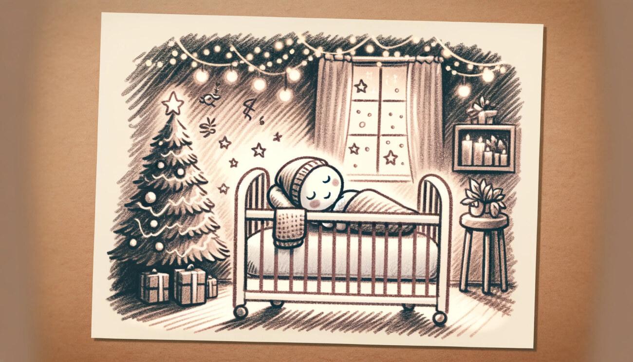 棒人間の赤ちゃんがクリスマスの装飾が施されたベビーベッドで安らかに眠っている。ベッドには快適なブランケットがあり、星や柔らかいライトで飾られている。部屋はクリスマスツリーと輝くライトで暖かく飾られ、窓からは雪景色が見える。祝祭の温もりと平和な雰囲気が感じられる。
