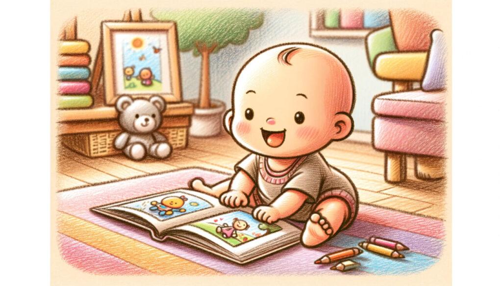 地べたで絵本を見ている棒人間の赤ちゃん。彼らはカラフルなマットの上に座っており、絵本の鮮やかなイラストに夢中になっている。背景には子供向けの部屋があり、いくつかのおもちゃとぬいぐるみが楽しい雰囲気を加えている。赤ちゃんが読書の喜びを発見する無邪気さと驚きが捉えられている。