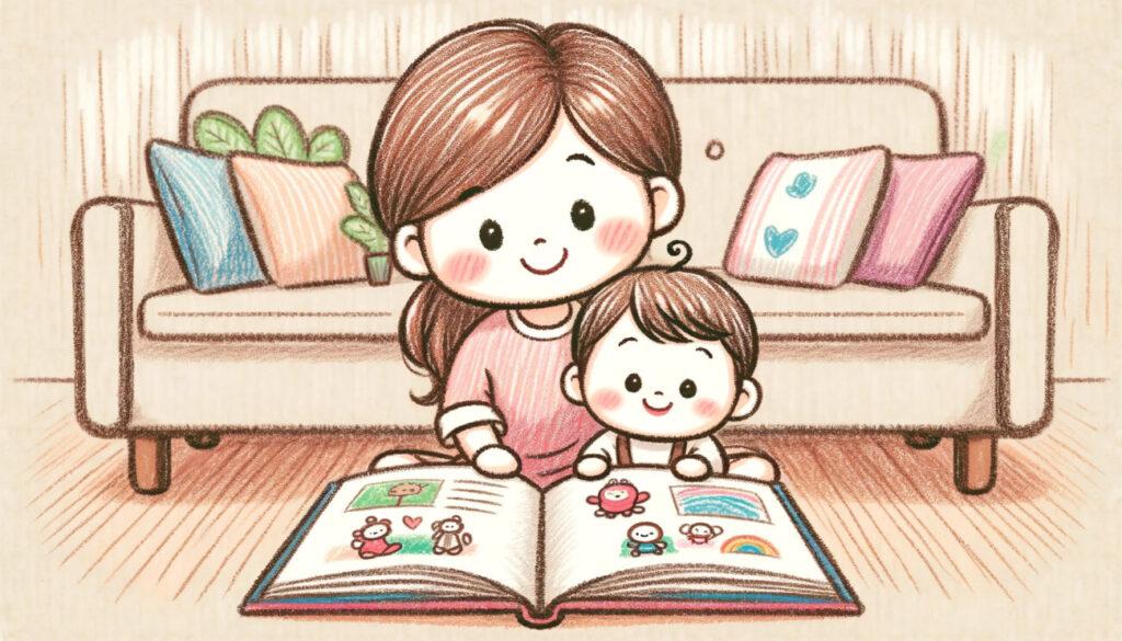 赤ちゃんと母親が絵本を読む様子を描いたイラスト。赤ちゃんは本に興味を示し、母親は楽しそうに読み聞かせている。背景は快適な座席、柔らかい照明、小さなラグと植物で飾られた居心地の良い部屋で、親子の読書がもたらす共通の利益、学び、楽しさが表現されている。