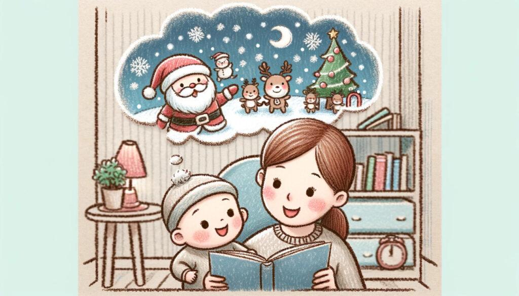 棒人間の赤ちゃんとお母さんが一緒に絵本を読んでいる。赤ちゃんの頭上には、サンタクロースが訪れる想像上のシーンが描かれており、赤ちゃんはその話に夢中で喜んでいる。お母さんは愛情を込めて本を読んでいる。背景には居心地の良い部屋があり、空想のシーンはトナカイや雪景色を含む幻想的なものである。