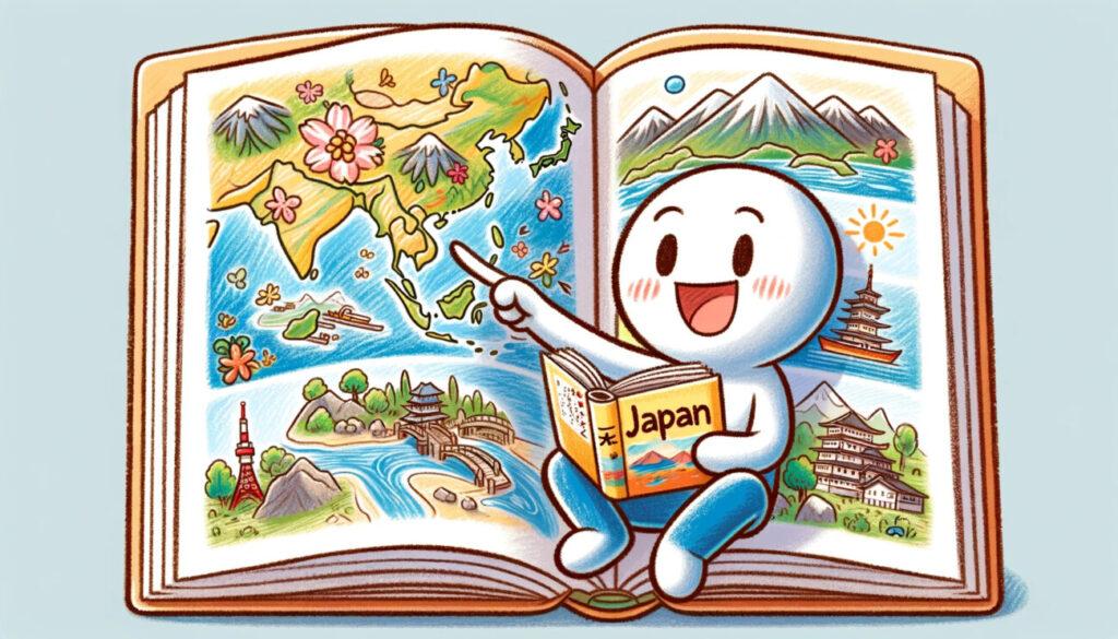 棒人間のキャラクターが膝の上に開かれた絵本を見ながら、日本の地理について学んでいる。キャラクターは興奮と好奇心を示す表情をしており、絵本には日本の様々な地理的特徴が色鮮やかに描かれている。背景はシンプルで、キャラクターの絵本とのやり取りに集中している。