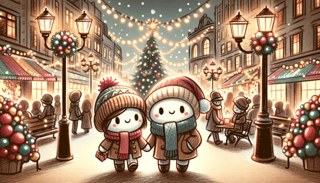  クリスマスイブを祝う街の中で、二人の棒人間のキャラクターが楽しい時間を過ごしている。彼らは帽子やマフラーを身に着け、クリスマスのライトや飾りがある街を散策している。背景の都市は祝祭感に溢れ、クリスマスの魔法が演出されている。  