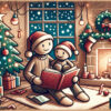 家の中でお母さんと一緒に絵本を読んでいる棒人間のキャラクターのクリスマスシーン。お母さんと子どもは快適な場所に座り、周りにはクリスマスの装飾が施されている。部屋には暖炉、ストッキング、窓から見える雪景色などがあり、暖かく祝祭の雰囲気が漂っている。