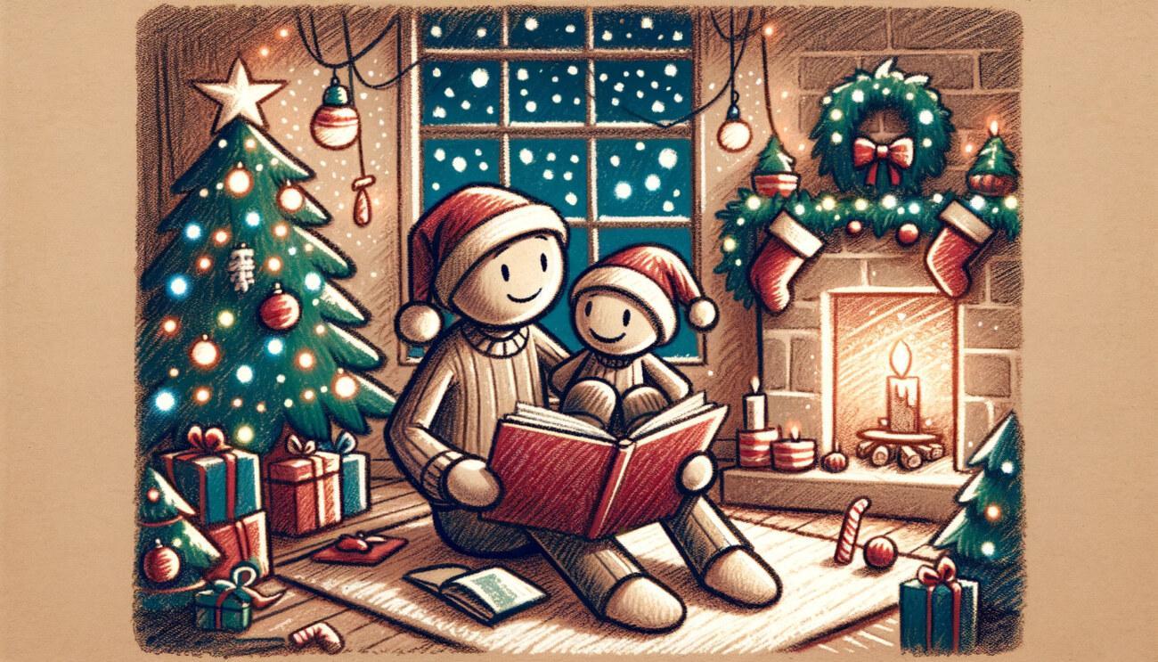 家の中でお母さんと一緒に絵本を読んでいる棒人間のキャラクターのクリスマスシーン。お母さんと子どもは快適な場所に座り、周りにはクリスマスの装飾が施されている。部屋には暖炉、ストッキング、窓から見える雪景色などがあり、暖かく祝祭の雰囲気が漂っている。