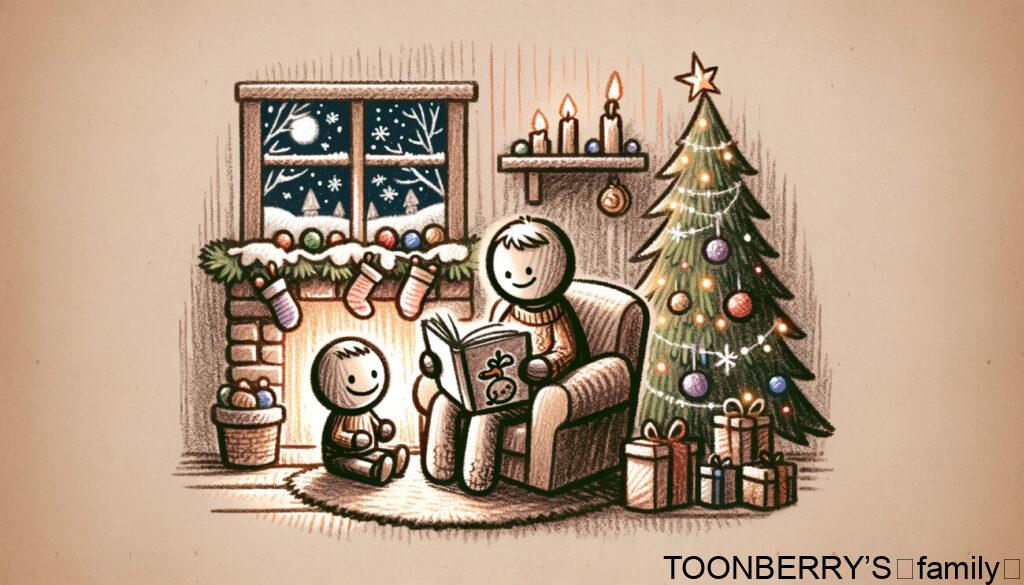 クリスマスに家でお母さんに絵本を読んでもらっている棒人間のキャラクター。二人はクリスマスツリーのそばで快適に座り、部屋は祝祭の装飾で飾られている。お母さんは絵本を持ち、子どもは喜びと興奮でそれを見ている。暖炉にはストッキングがかかり、窓からは雪が見えるなど、温かい照明が祝祭と親密な雰囲気を作り出している。