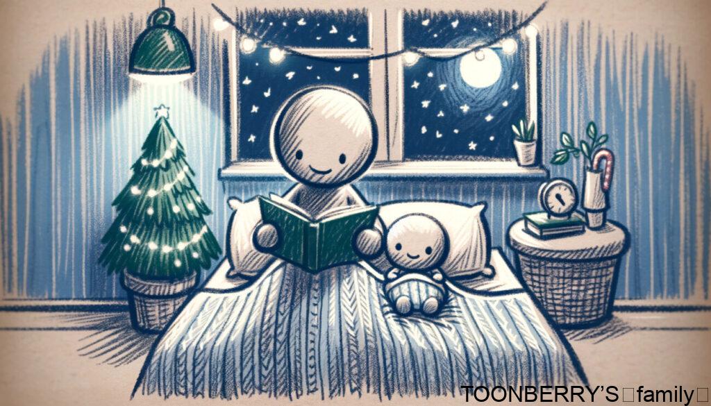 棒人間の親が、ベッドで眠る赤ちゃんに優しく絵本を読んでいるクリスマスシーン。部屋には小さなクリスマスツリーと祝祭の装飾があり、静かで穏やかな読書の時間が描かれている。親子の特別な絆とクリスマスの喜びが感じられる。