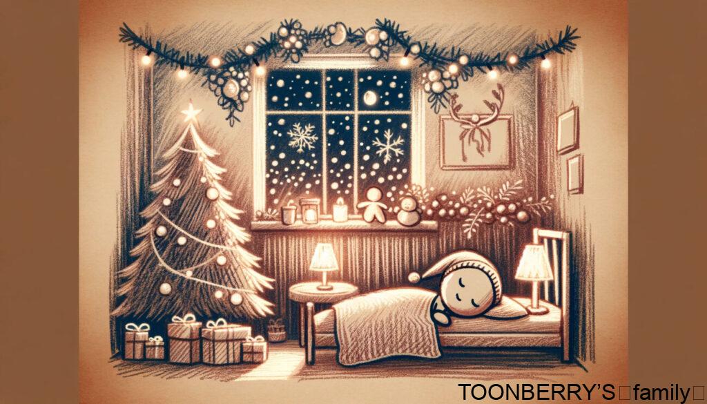 棒人間の赤ちゃんがクリスマスの夜にベッドで静かに眠っているシーン。部屋にはクリスマスツリーと祝祭の装飾があり、雪の降る窓が見える。全体のシーンは落ち着きと暖かさを放ち、クリスマスの夜の魔法を表している。