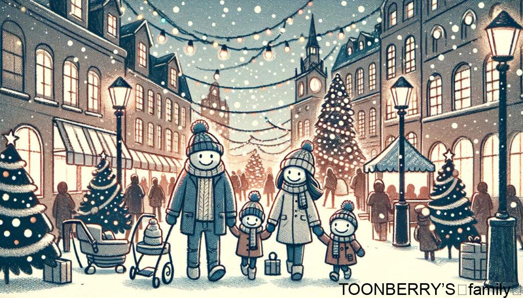 棒人間の家族がクリスマスの都市を散策しているシーン。家族は冬の服を着ており、手をつないでいるか、小さな買い物袋を持っている。街はクリスマスライト、ツリー、装飾で飾られ、クリスマスマーケットやストリートパフォーマーが活気を添えている。都市での家族のクリスマスの温かさと喜びが描かれている。