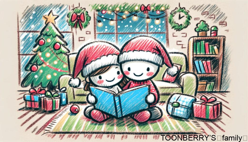 親子がクリスマスの日にお部屋で絵本を読んでいるシーンのイラストです。可愛らしい棒人間のキャラクターが、温かく居心地の良い雰囲気の中で共に時を過ごしている様子が描かれています。クリスマスの装飾が背景にあり、家族の絆と祝祭の精神を感じさせる、遊び心あふれる魅力的な作品となっています。