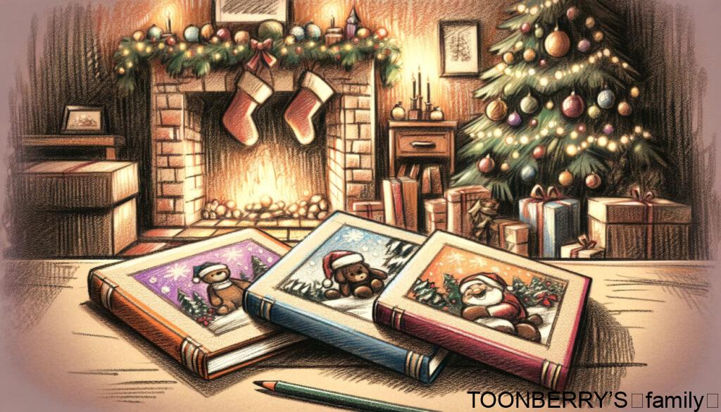クリスマスの日にお部屋に置かれた絵本が三冊あるシーンのイラストです。居心地の良いリビングルームの中に、遊び心溢れる絵本が展示されており、背景には祝祭的なクリスマスの装飾が施されています。このイラストは、家族の団欒と休日の喜びを感じさせる暖かく魅力的な作品となっています。