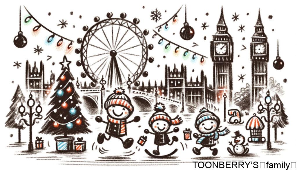 レヨン調で描かれた、ロンドンを想起させるクリスマスの雰囲気を持つ可愛らしい棒人間キャラクターのイラストです。ビッグベンやロンドンアイなどの象徴的なランドマークがクリスマスの光と飾りで彩られており、棒人間のキャラクターたちが楽しくクリスマスの活動をしている様子が描かれています。このイラストは、休日の精神を遊び心あふれる魅力的な方法で捉えています。