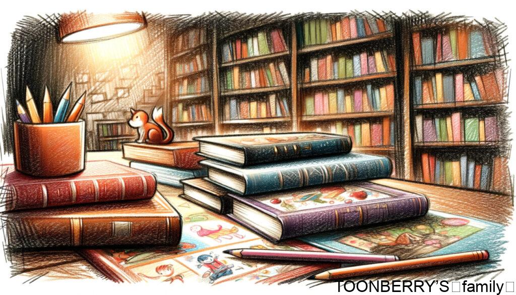 クレヨン調で描かれた、図書館のような場所にあるテーブルの上に置かれた海外の絵本のイメージのイラストです。このイラストは、居心地の良い読書環境を捉えており、背景には本棚が描かれています。テーブルの上の絵本は鮮やかな表紙を持ち、世界中の子ども向け文学の魅力と魅力を反映しています。