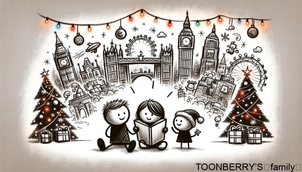 クレヨン調で描かれた、クリスマスに親子が絵本を楽しんでいるシーンのイラストです。可愛らしい棒人間のキャラクターが絵本を読んでおり、彼らの頭上にはクリスマスのロンドンのイメージが浮かんでいます。このイメージにはビッグベンやロンドンアイなどの象徴的なランドマークがクリスマスの光で飾られています