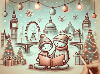 クリスマスに親子が絵本を楽しんでいるシーンのイラストです。可愛らしい棒人間のキャラクターが絵本を読んでおり、彼らの頭上には柔らかく描かれたクリスマスのロンドンのイメージが浮かんでいます。ビッグベンやロンドンアイなどのランドマークが、穏やかで心地よいスタイルで描かれています。全体の雰囲気は、祝祭の時期に共有する読書の喜びを落ち着いた、魅力的な方法で表現しています。