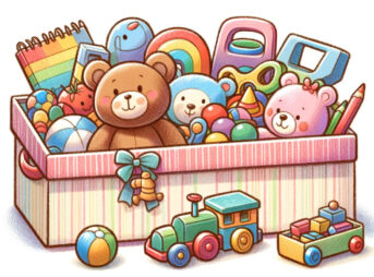 玩具箱に入ったおもちゃたちを優しいカラフルなクレヨン調で描いたイラストです