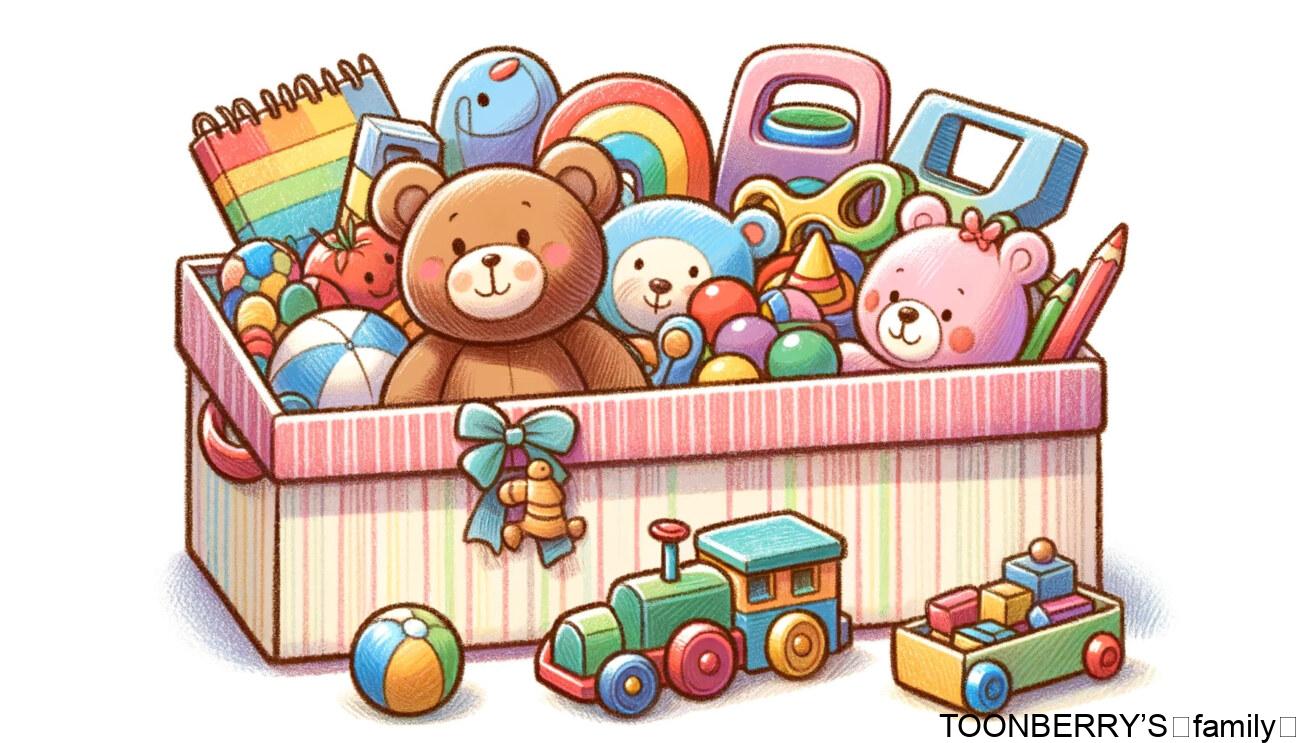 玩具箱に入ったおもちゃたちを優しいカラフルなクレヨン調で描いたイラストです