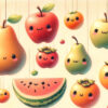 りんご、梨、柿、スイカが空中にふんわり浮いているクレヨン調のイラストです。各フルーツには可愛い目や口が描かれ、デフォルメされた愛らしいキャラクターが表現されています。
