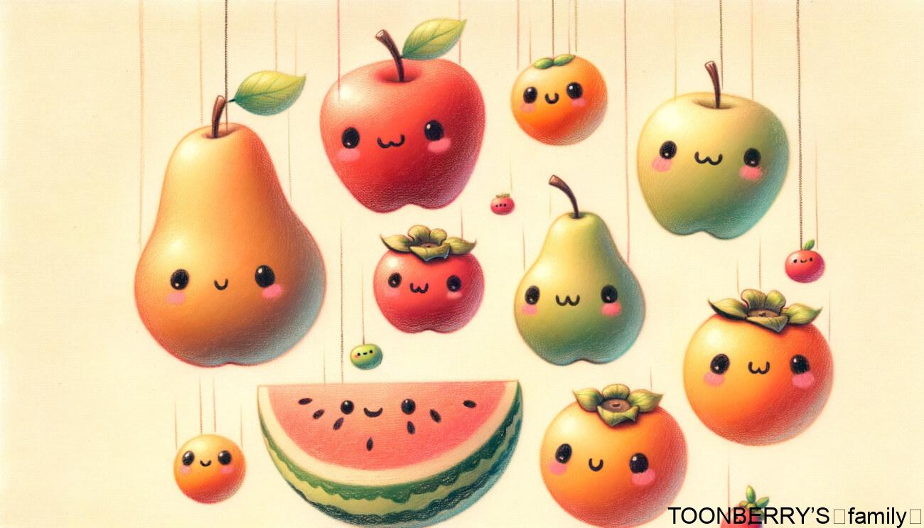 りんご、梨、柿、スイカが空中にふんわり浮いているクレヨン調のイラストです。各フルーツには可愛い目や口が描かれ、デフォルメされた愛らしいキャラクターが表現されています。