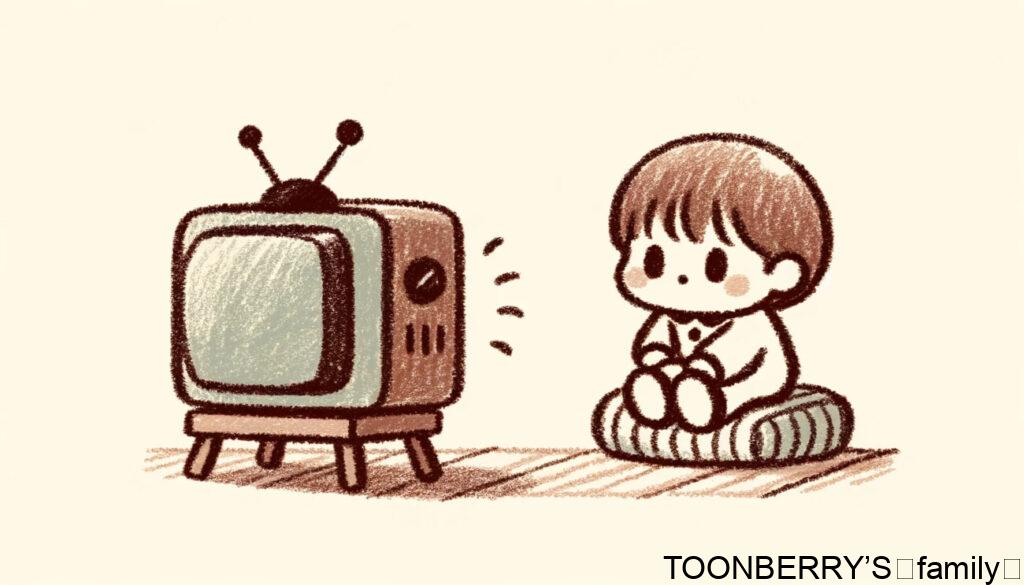 優しいクレヨン調で描かれた丸っこいキャラクターがテレビを見ているシーンのイラストです