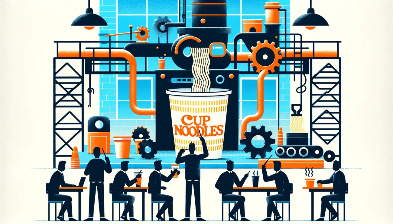 A flat design illustration showing a creative solution during the product development phase of cup noodles with characters as black silhouettes. The scene features an animated style factory setting with silhouette figures of engineers and developers gathered around a table. One silhouette is demonstrating the innovative idea of placing noodles at the bottom of the cup and then covering them with another cup. This process is depicted with one silhouette holding a transparent cup filled with noodles and another placing a cup over it. The background includes machinery and parts of a production line, emphasizing the industrial innovation in a bright and engaging color scheme, suitable for a blog about food technology.