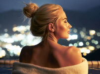 blonde woman, woman with blonde hair+hot spring, thermal bath+ bathing, taking a bath+bath towel, large towel used after bathing+night view, view of the city at night+ open-air bath, outdoor hot spring+soaking up to the shoulders, submerged up to the shoulders+hair tied up, hair pulled back+warm, cozy, comfortable+relaxed, unhurried, laid-back