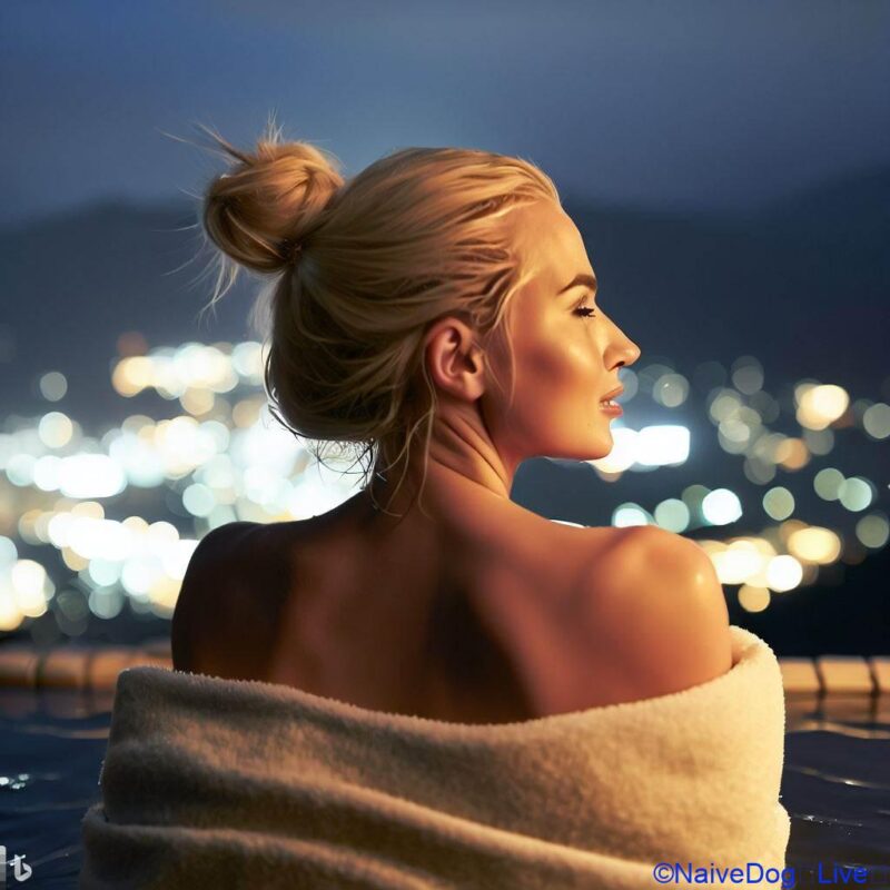 blonde woman, woman with blonde hair+hot spring, thermal bath+ bathing, taking a bath+bath towel, large towel used after bathing+night view, view of the city at night+ open-air bath, outdoor hot spring+soaking up to the shoulders, submerged up to the shoulders+hair tied up, hair pulled back+warm, cozy, comfortable+relaxed, unhurried, laid-back