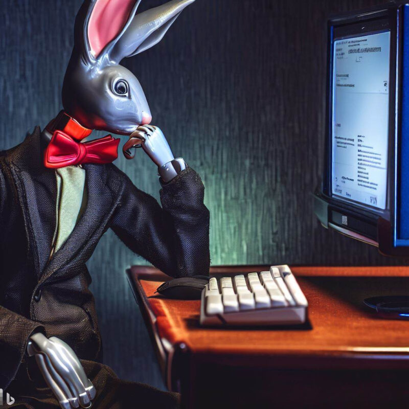 "Rabbit-eared mannequin, novelist, computer, contemplating."