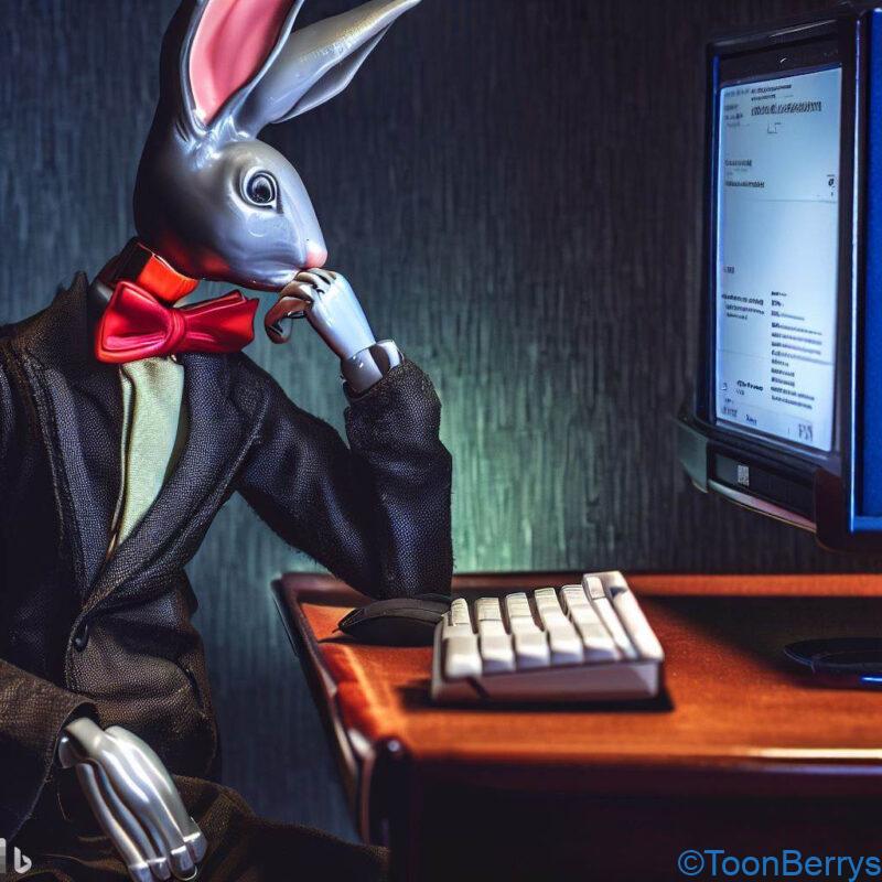 チャットボットを交えて、なろう系のようなライトノベルを考えるうさぎ達。そのいち 1 "Rabbit-eared mannequin, novelist, computer, contemplating."