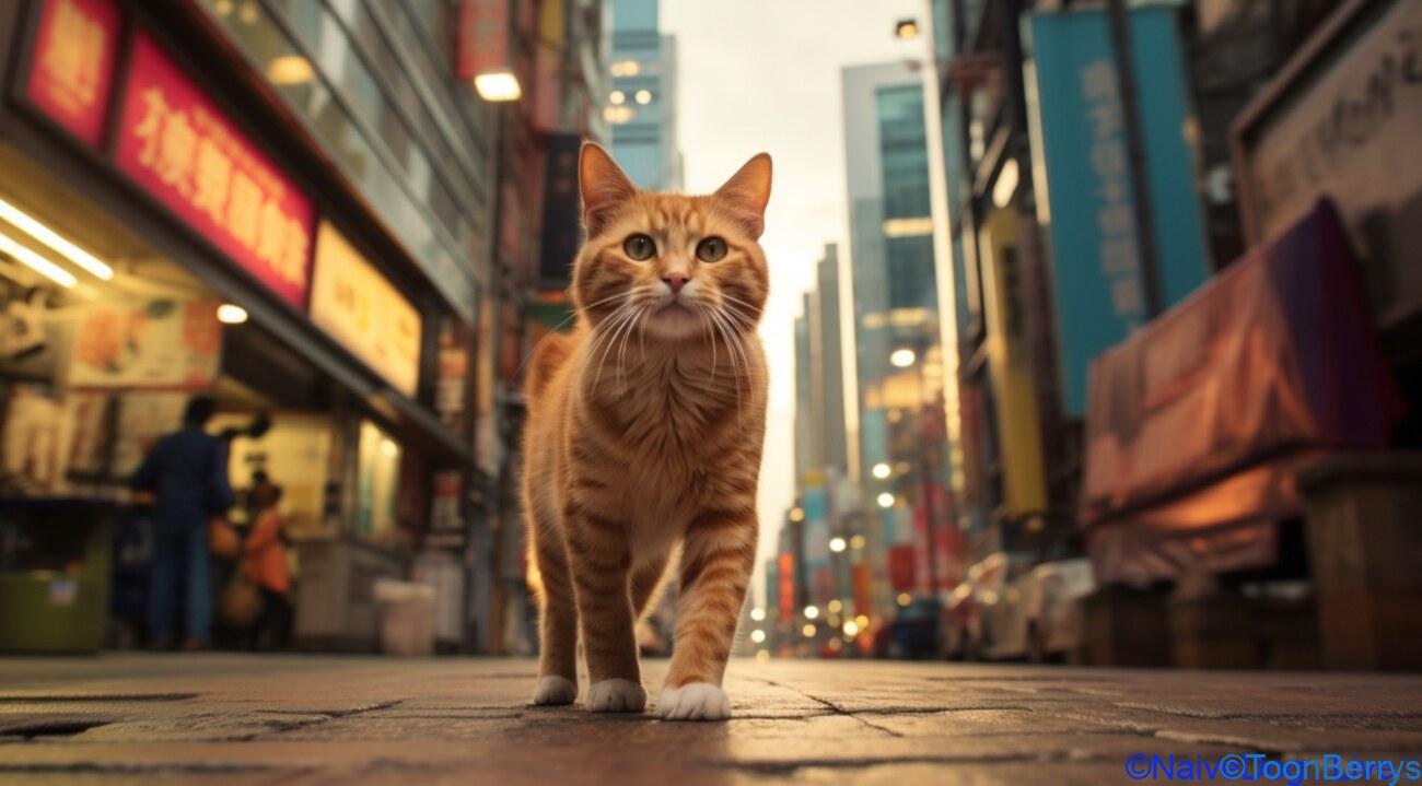 あなたは自由気ままな猫:オープンワールドの都会で新たな発見を:「Cat Life Simulator」 19 猫が散歩しているイラスト