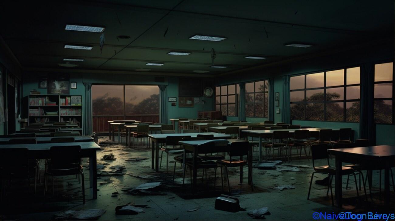 本当の幽霊の部員はどこだ?和風ホラーインディーゲーム「Ghost Member」の謎が登場 16 ホラーの教室のイラスト