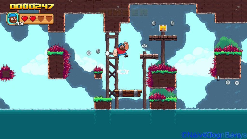 アクション性が高まったティンバーマンの冒険がswitchだけじゃなくSteamにも登場 7 青いキャップと赤いTシャツを着たキャラクターが、木製のプラットフォームに掴まっている