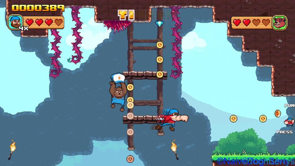 アクション性が高まったティンバーマンの冒険がswitchだけじゃなくSteamにも登場 8 赤いトゲのついた危険な障害物が、いくつかのプラットフォームの上と下に配置されている