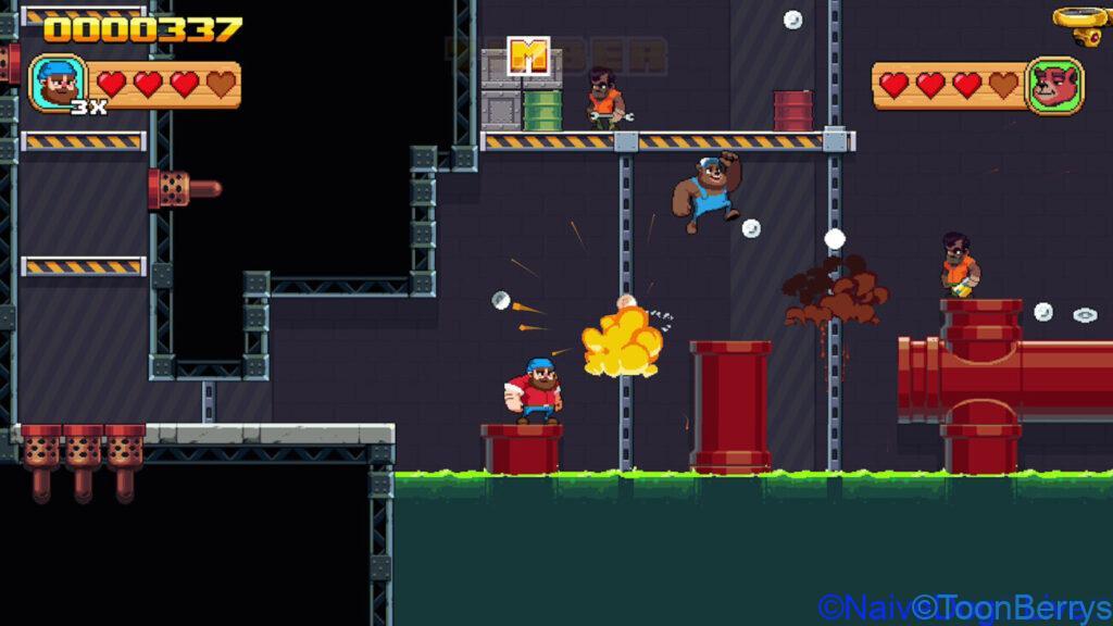 アクション性が高まったティンバーマンの冒険がswitchだけじゃなくSteamにも登場 10 土管が配置されているどこかの室内で落ちないようにアクションしている
