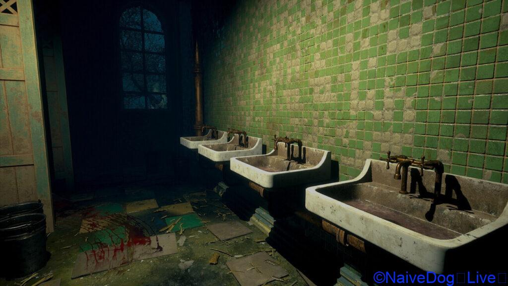 Blood spatters decorate the floor, while unused plumbing seems to simply await its decay.