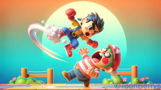 コミカルな3Dゲームのようなイラスト、ジャンプして相手に攻撃しようとしている