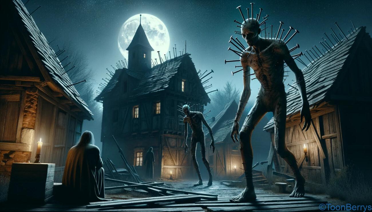 お笑い芸人としてお約束を忘れない狩野英孝の激ムズホラーゲーム「サイコブレイク」 1 海外の寒村で不気味な怪物がうろついているイラスト