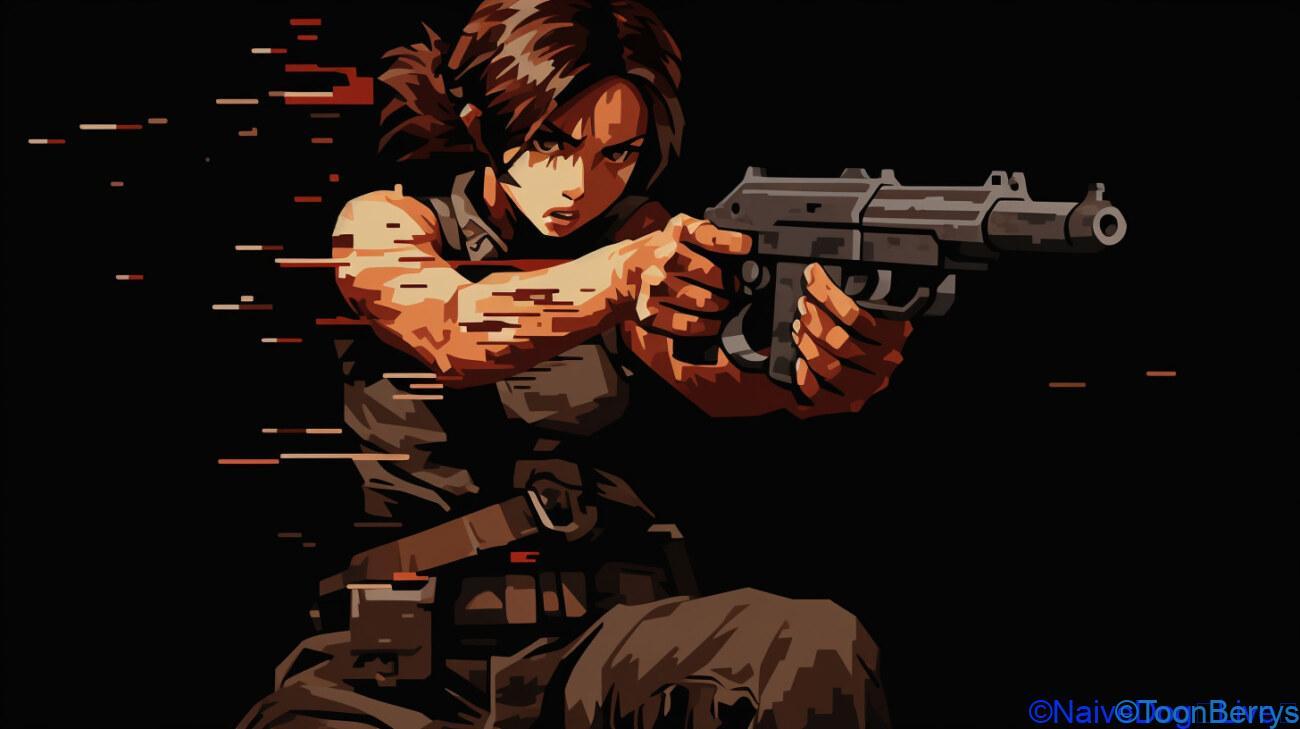 Classic "Metasla" from the candy store, brought to you by its creators in the action game "Black Finger JET" 1 ピクセルアートの女性、SNK風味のガンアクション