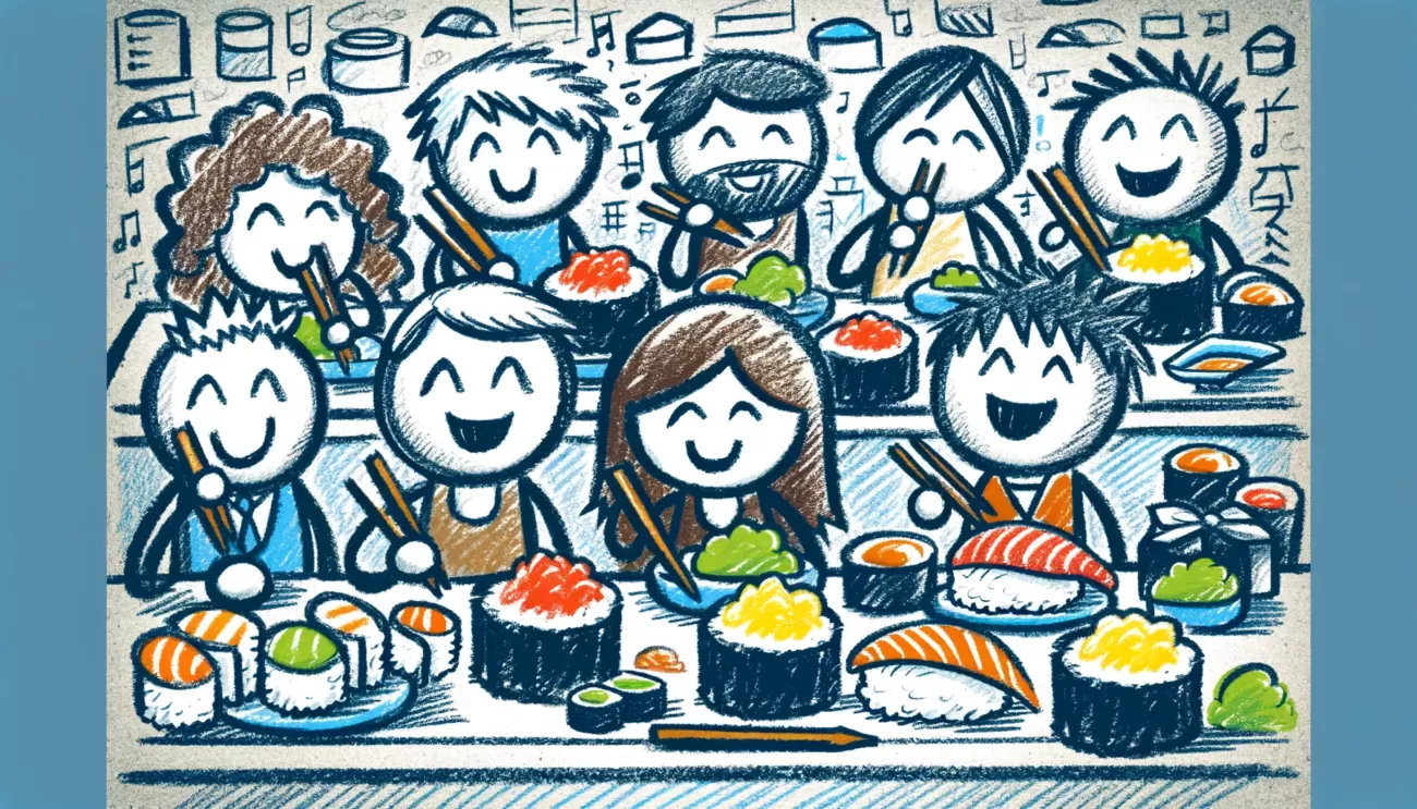 A rough, crayon-drawn image of stick figures representing a diverse group of people, including Americans and others from various countries, enjoying sushi. The figures should be simple yet expressive, conveying a sense of joy and satisfaction as they eat sushi. The scene can be set in a casual environment, such as a sushi bar or a dining area, with elements like sushi plates, chopsticks, and perhaps a sushi conveyor belt in the background. The emphasis is on the universal enjoyment of sushi, depicted in a playful and lighthearted stick figure style, drawn with crayon.