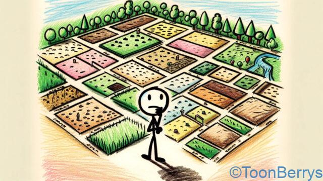 インターネットのお店始め方ナビ - お名前.comでドメインを手に入れよう! 27 いろいろな土地を検討しているイラスト ラフ書き風