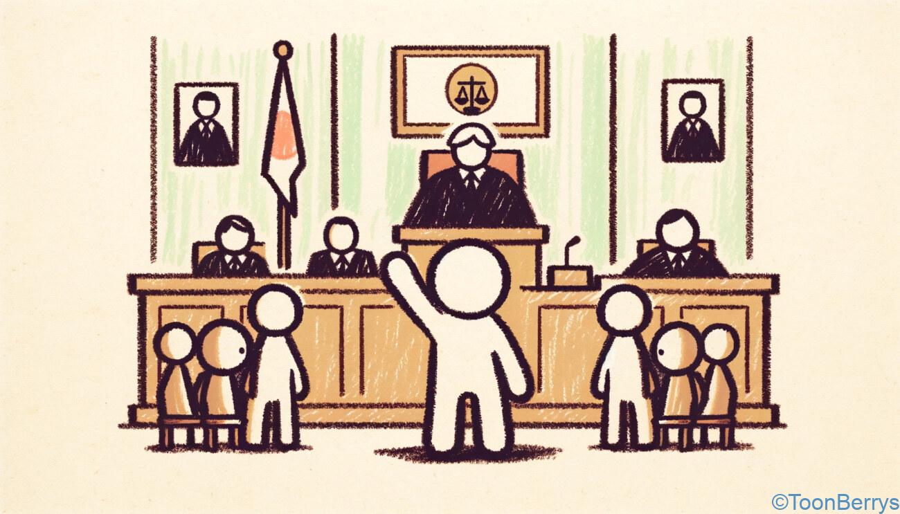マイクラで作った裁判所をさんぽしながら、著作権などについて学ぶ「ゲームさんぽ」【1】 1 裁判で挙手しているイラスト