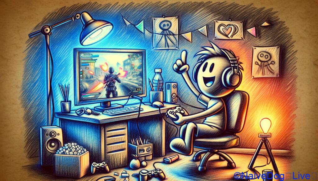 ビデオゲームのライブストリームをしている棒人間のキャラクターを描いたクレヨン調のイラスト。キャラクターは熱心にゲームをプレイしており、手にはゲームコントローラーを持ち、大きなコンピュータ画面の前に座っている。画面にはカラフルでダイナミックなゲームシーンが表示されている。キャラクターの周りには、ヘッドフォン、スナック、ウェブカメラなどのゲーム関連アイテムがある。背景にはゲーマーの部屋を思わせるポスターやアンビエント照明が描かれている。