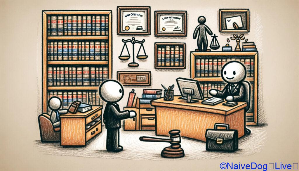 楽しく軽快なスタイルで描かれた法律事務所のイラスト。弁護士がクライアントと相談しているシーンと、別の弁護士がデスクで働いている様子が描かれている。背景には法律事務所の典型的な要素として、法律書籍、資格証明書、小槌、天秤が配置されている。