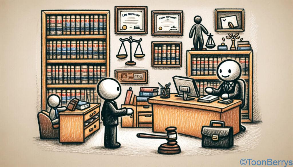 マイクラで作った裁判所をさんぽしながら、著作権などについて学ぶ「ゲームさんぽ」【1】 8 楽しく軽快なスタイルで描かれた法律事務所のイラスト。弁護士がクライアントと相談しているシーンと、別の弁護士がデスクで働いている様子が描かれている。背景には法律事務所の典型的な要素として、法律書籍、資格証明書、小槌、天秤が配置されている。