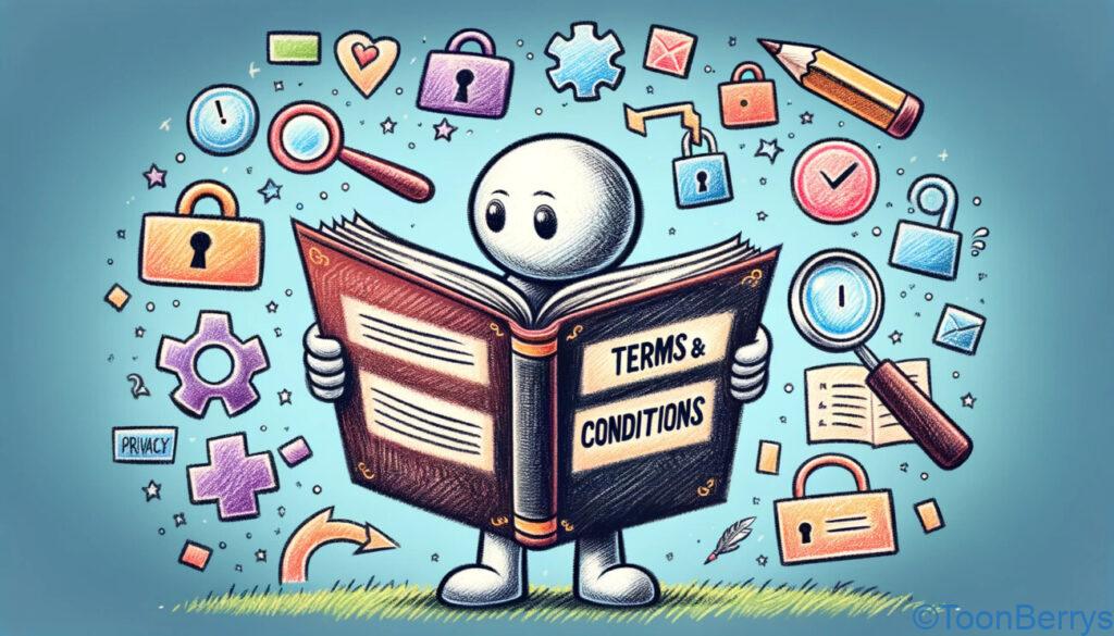 ちゃんと読んでる?利用規約を読み飛ばす人に伝えたい、弁護士とゲームさんぽ【2】 10 利用規約の概念を描いたクレヨン調のイラスト。シーンには、「利用規約」とラベル付けられた大きな開かれた本を読む棒人間のキャラクターが描かれている。キャラクターは手に拡大鏡を持ち、思慮深い表情をしており、法的文書を理解する際に必要な細部への注意を象徴している。キャラクターの周りにはプライバシーの鍵、合意の握手、時間制約の時計など、様々な条項と条件を表すアイコンがある。背景はシンプルでカラフルで、利用規約の重要性と複雑さを楽しく、親しみやすい方法で強調している。