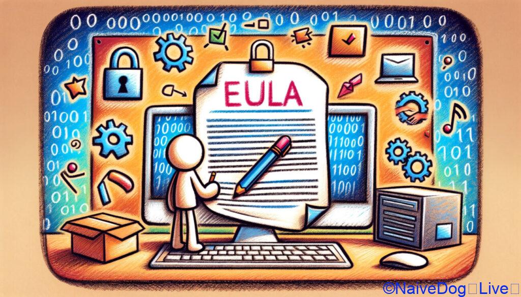 エンドユーザーライセンス同意書（EULA）の概念を描いたクレヨン調のイラスト。シーンには、「EULA」とラベル付けされた大きな詳細な文書の前にいる棒人間のキャラクターが描かれている。キャラクターはペンで文書に署名しており、合意と受諾を象徴している。キャラクターの横には、ソフトウェアがインストールされているコンピューターがあり、EULAの文脈を示している。シーンの周りにはセキュリティのための南京錠、合意のチェックマーク、ソフトウェアを表すバイナリコードなどのシンボルがある。背景はカラフルで魅力的で、デジタルな文脈でのEULAの理解と同意の重要性を伝えている。