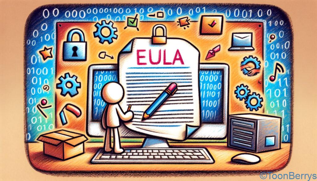 エンドユーザーライセンス同意書（EULA）の概念を描いたクレヨン調のイラスト。シーンには、「EULA」とラベル付けされた大きな詳細な文書の前にいる棒人間のキャラクターが描かれている。キャラクターはペンで文書に署名しており、合意と受諾を象徴している。キャラクターの横には、ソフトウェアがインストールされているコンピューターがあり、EULAの文脈を示している。シーンの周りにはセキュリティのための南京錠、合意のチェックマーク、ソフトウェアを表すバイナリコードなどのシンボルがある。背景はカラフルで魅力的で、デジタルな文脈でのEULAの理解と同意の重要性を伝えている。