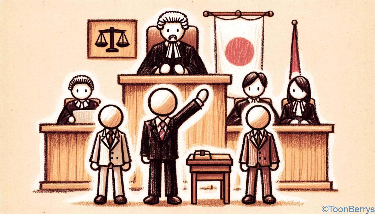 ちゃんと読んでる?利用規約を読み飛ばす人に伝えたい、弁護士とゲームさんぽ【2】 1 裁判で弁護士が異議を申してるイラスト