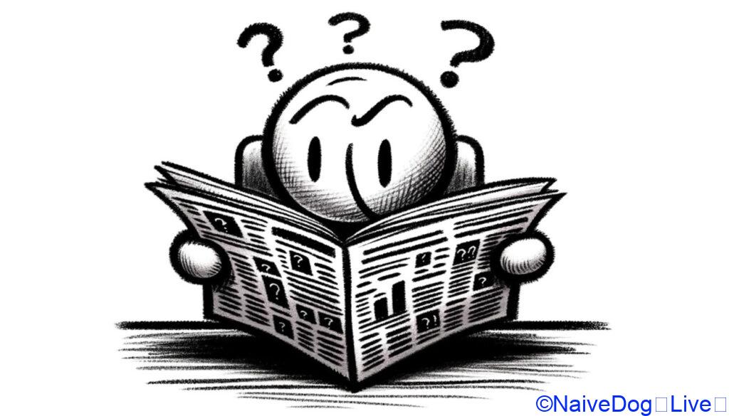棒人間のキャラクターが新聞を読んでおり、頭上に疑問符があるクレヨン調のイラスト。キャラクターはテーブルに座って開かれた新聞を持ち、困惑した表情をしている。新聞には見出しや記事があるが、内容は複雑で理解しにくいようだ。背景はシンプルで、キャラクターの新聞への反応に焦点を当て、複雑なニュースや情報の理解の難しさを象徴している。